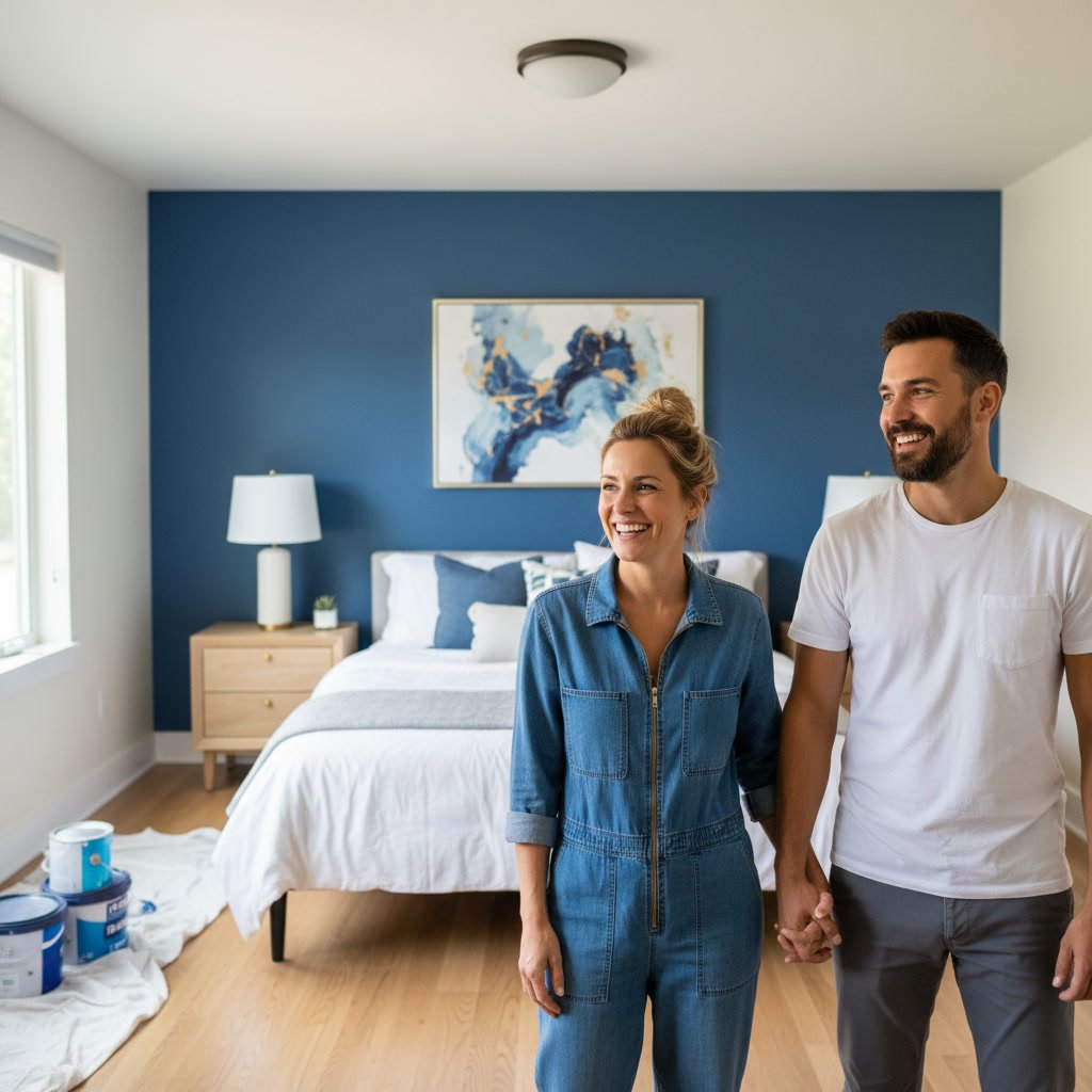 Painter applying interior wall paint with brush in Burbank home