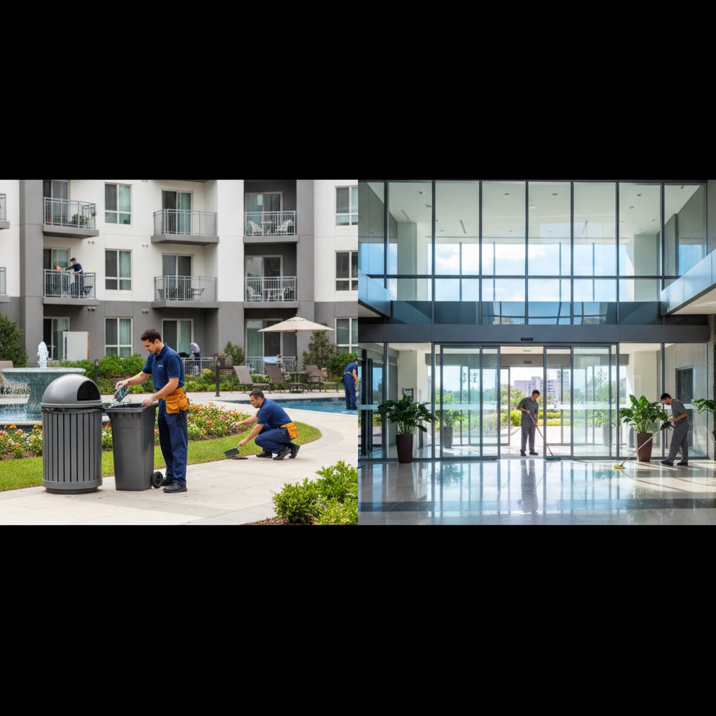 Porter cleaning apartment community common areas and walkways