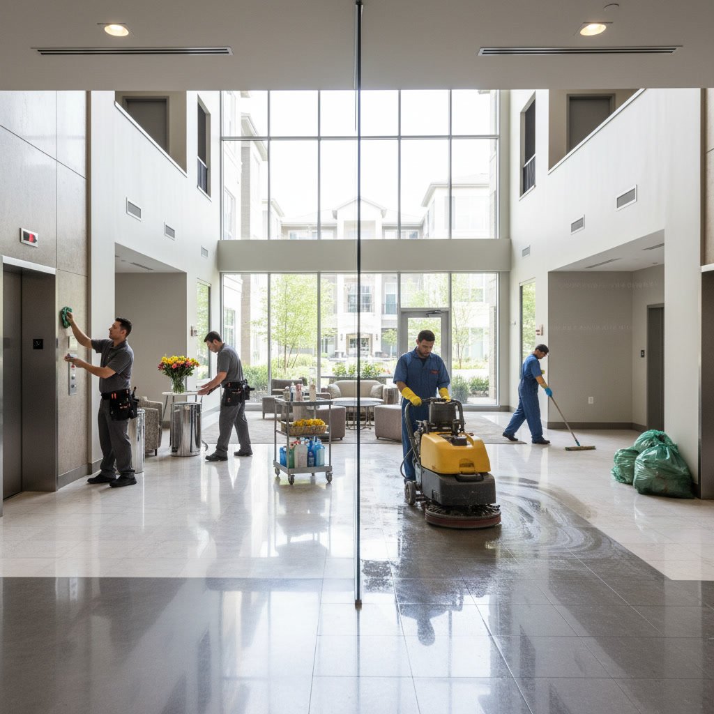 Professional porter maintaining commercial property exterior and landscaping
