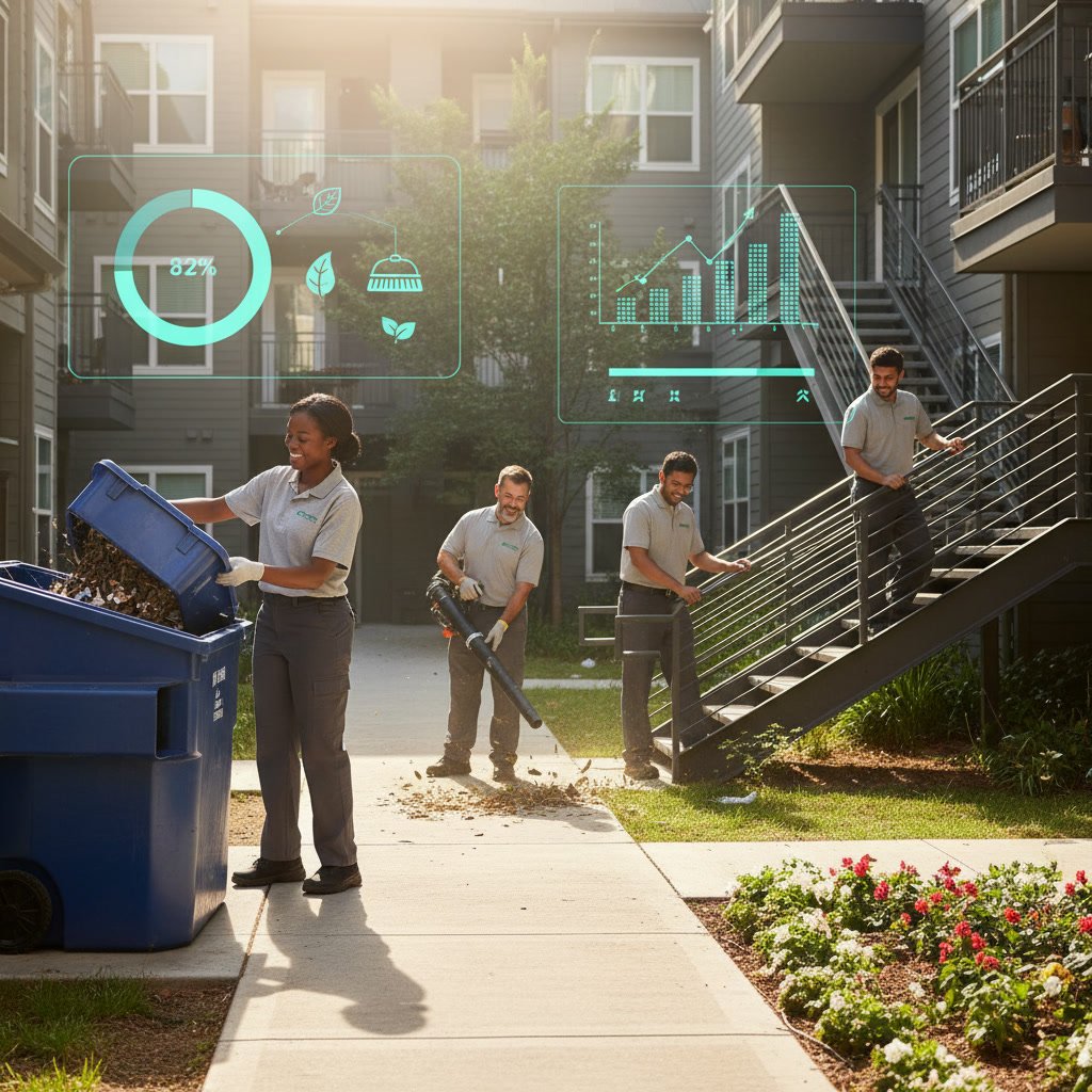 Porter service professional cleaning apartment building entrance and lobby