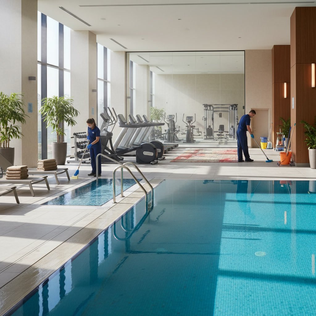 Porter services amenities team cleaning pool deck and equipment