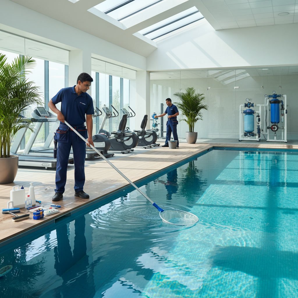 Professional porter cleaning fitness center equipment and surfaces