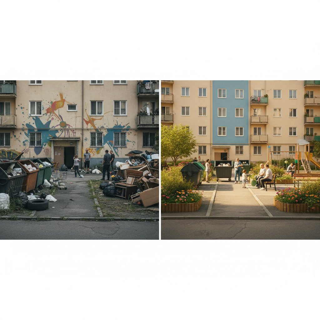 Well-maintained apartment courtyard showing results of porter property transformation