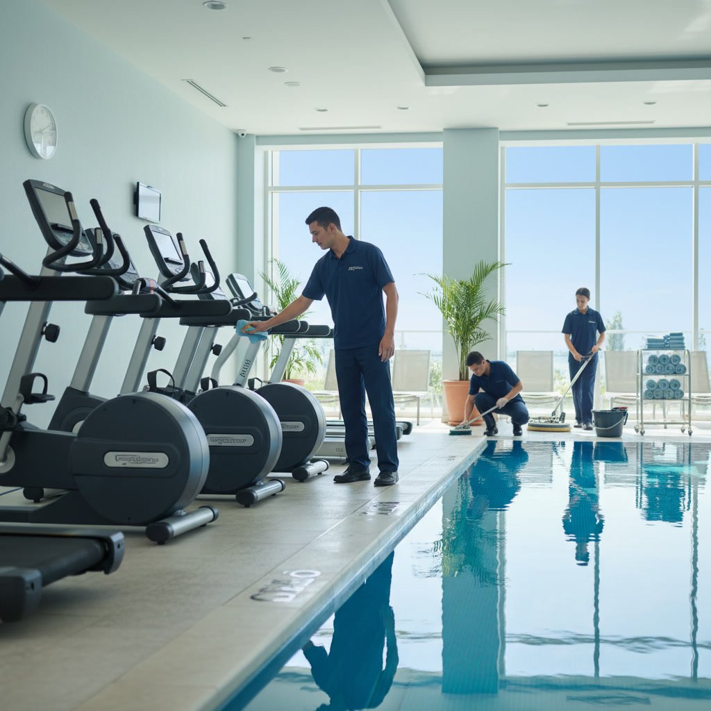 Professional porter maintaining clean pool and fitness center at apartment complex
