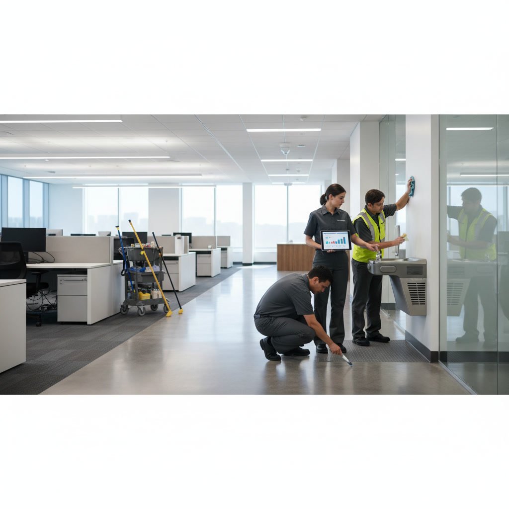 Professional inspector conducting quality walk through of commercial property common areas