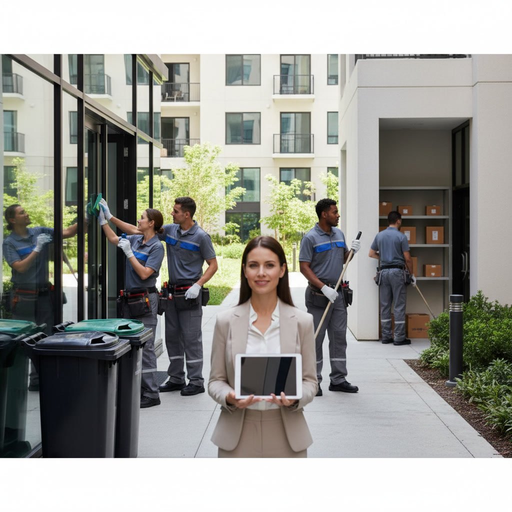 professional porter maintaining clean apartment community common areas and reducing property manager workload