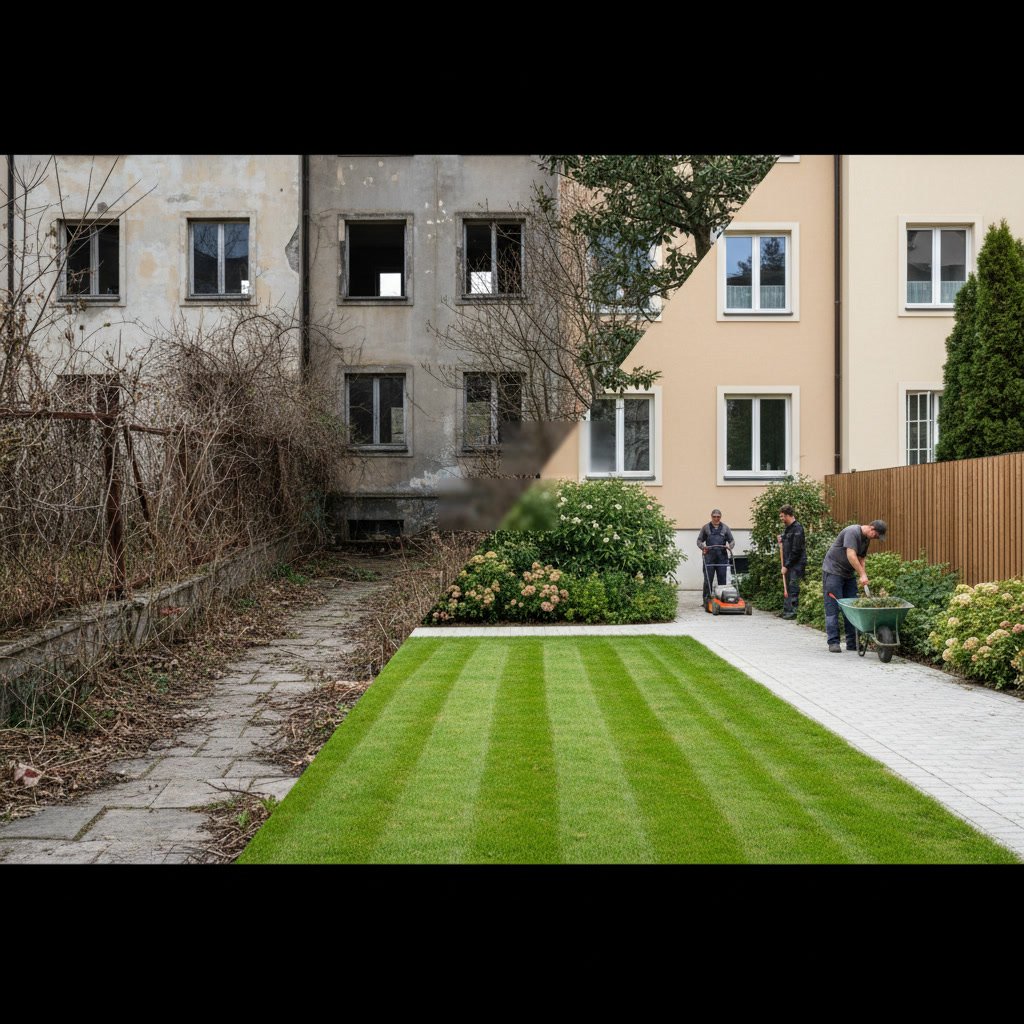 Before and after comparison of apartment complex common area showing porter property turnaround results
